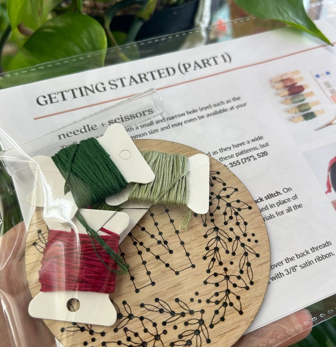 Wooden embroidery kit with threads and a leafy background