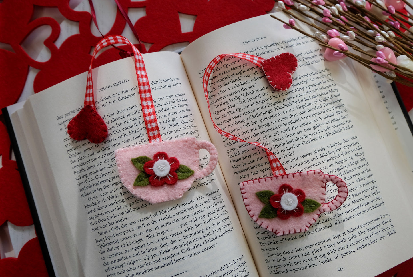 Teacup Wool Felt Valentine Bookmark Flower and Heart