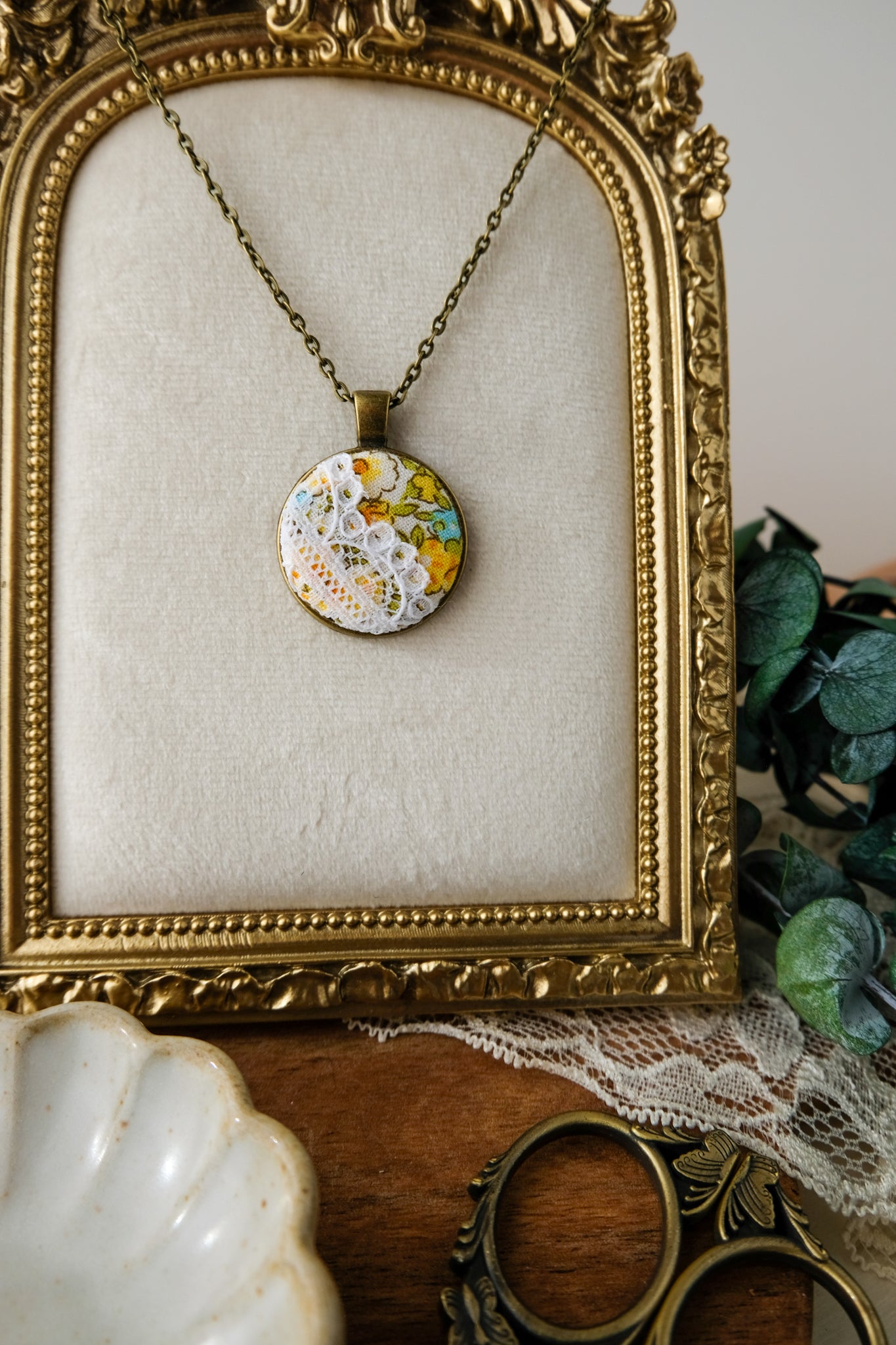 Fabric and Lace Pendant Necklace in Bronze