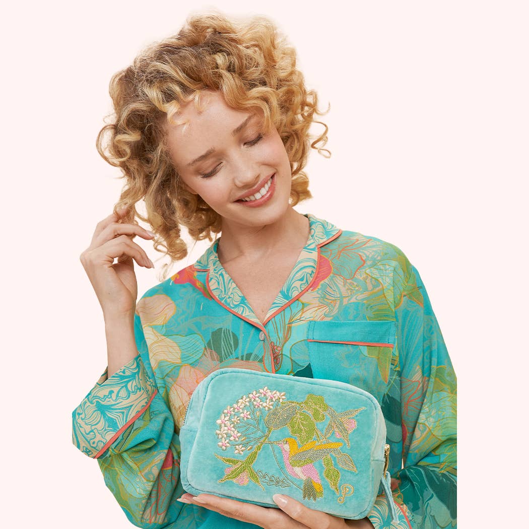Velvet Embroidered Make Up Bag - Hummingbird, Aqua