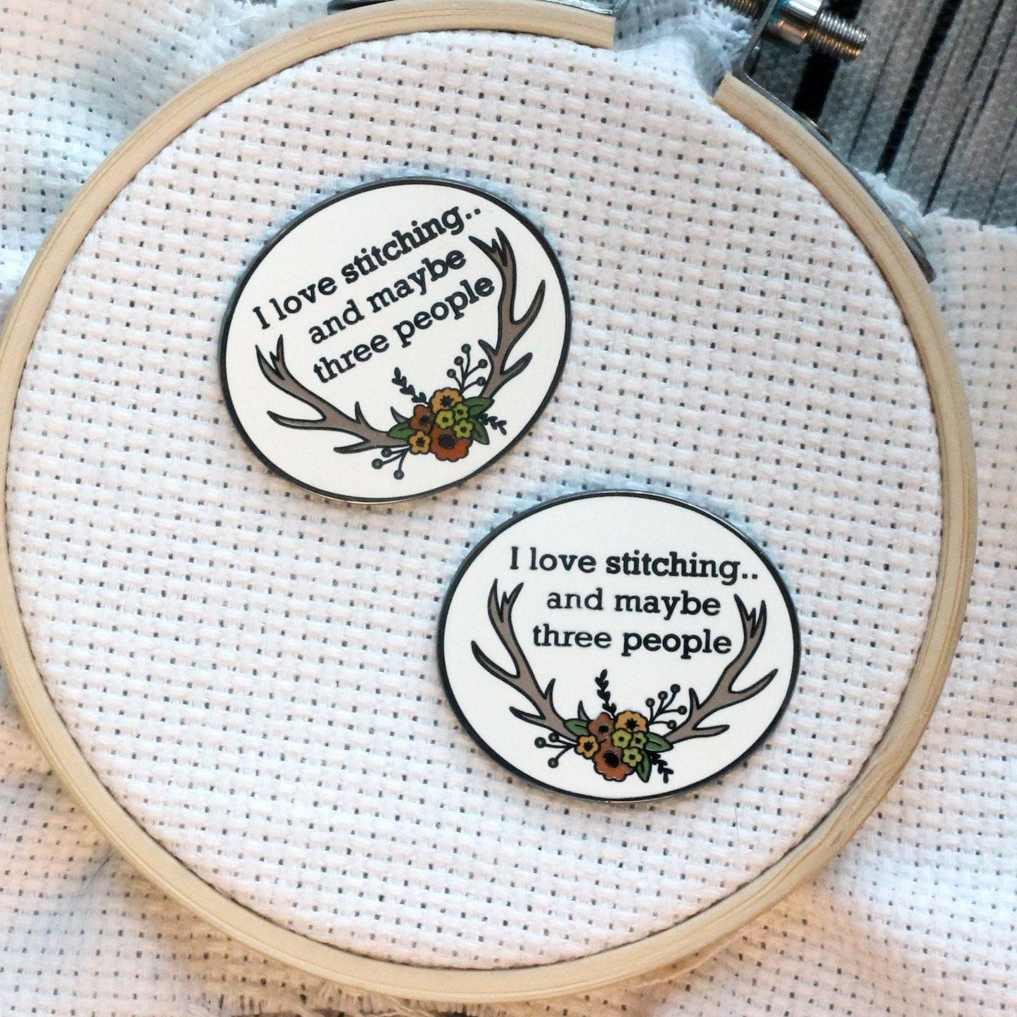 I Love Stitching And Maybe Three People Enamel Needle Minder
