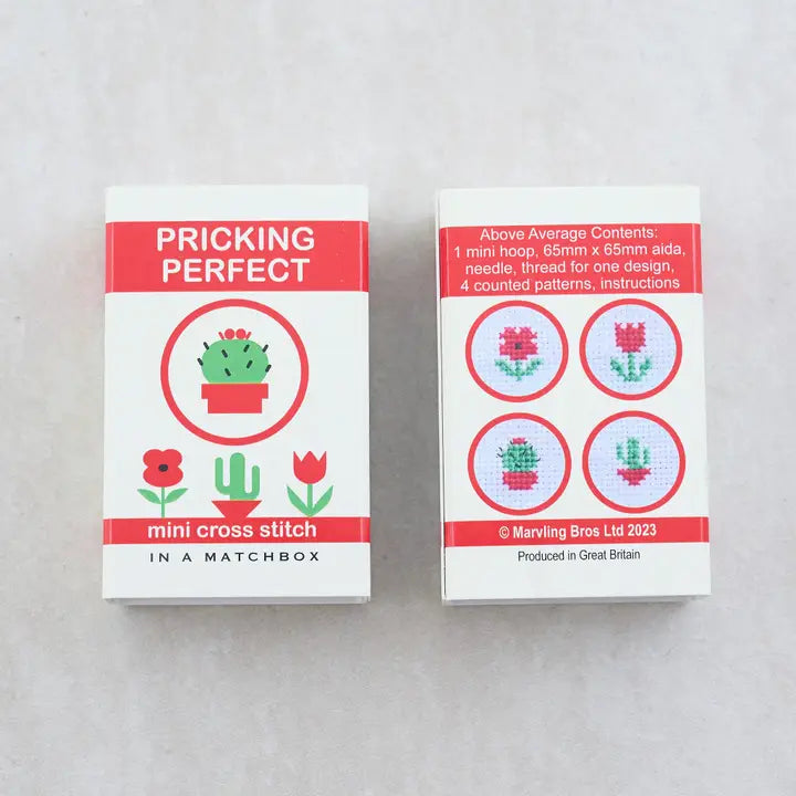 Mini cross stitch kit in a matchbox in the design of a cactus plant