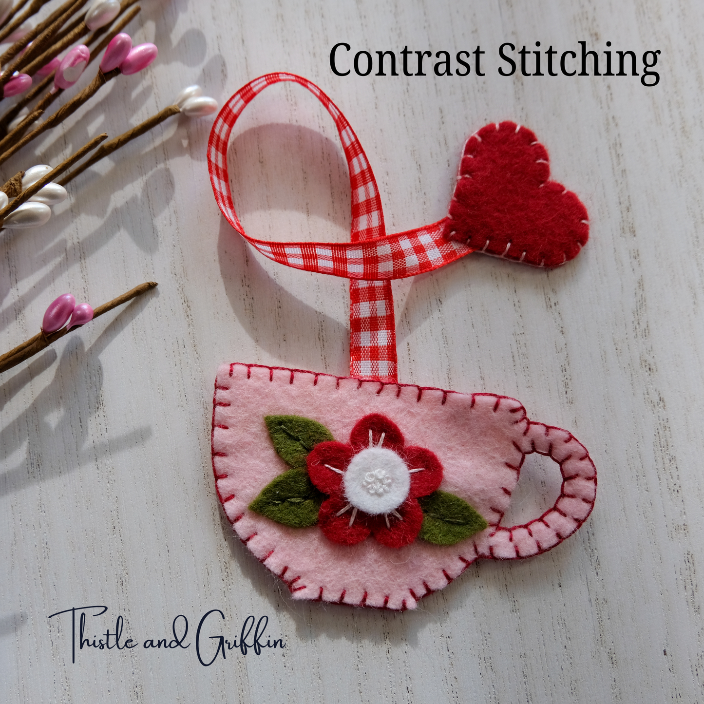 Teacup Wool Felt Valentine Bookmark Flower and Heart