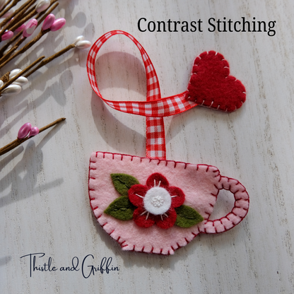 Teacup Wool Felt Valentine Bookmark Flower and Heart