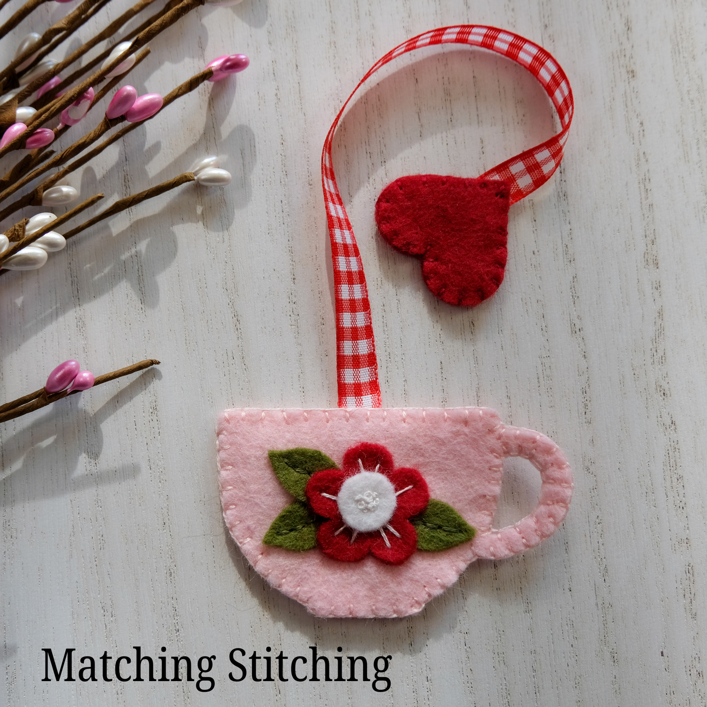 Teacup Wool Felt Valentine Bookmark Flower and Heart