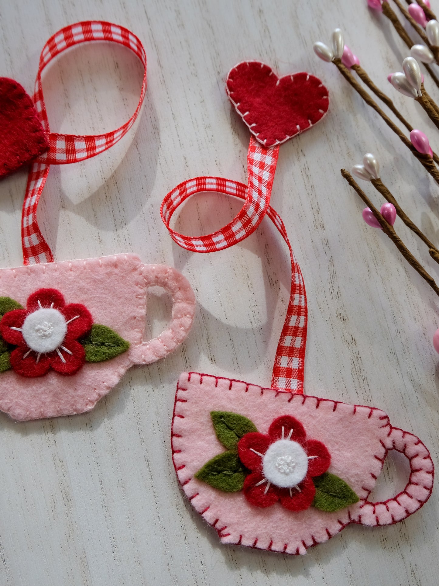 Teacup Wool Felt Valentine Bookmark Flower and Heart