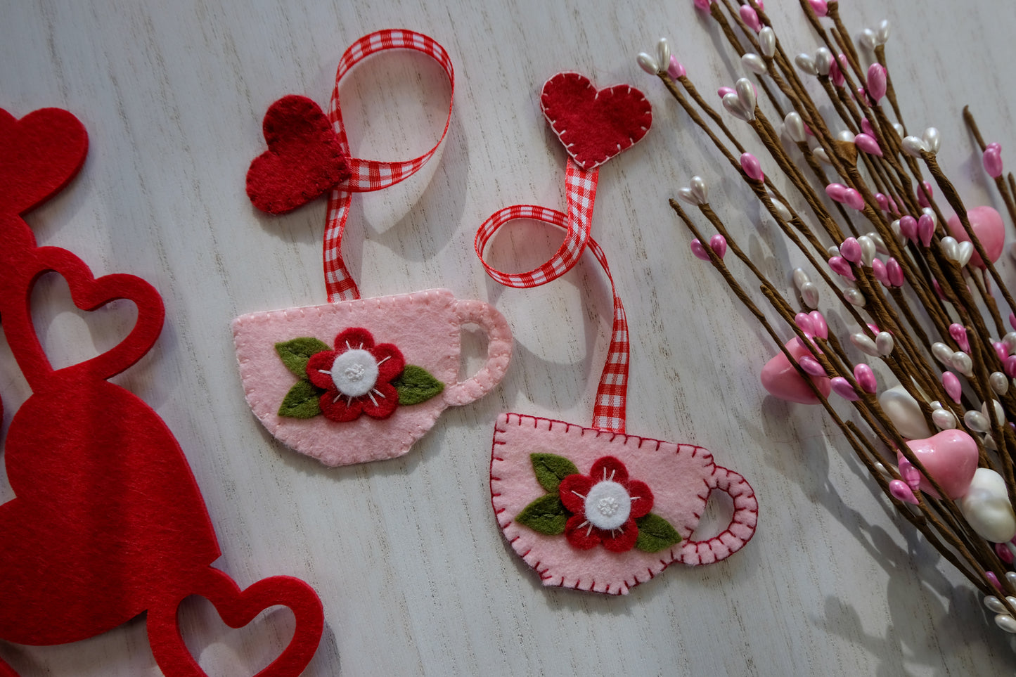 Teacup Wool Felt Valentine Bookmark Flower and Heart