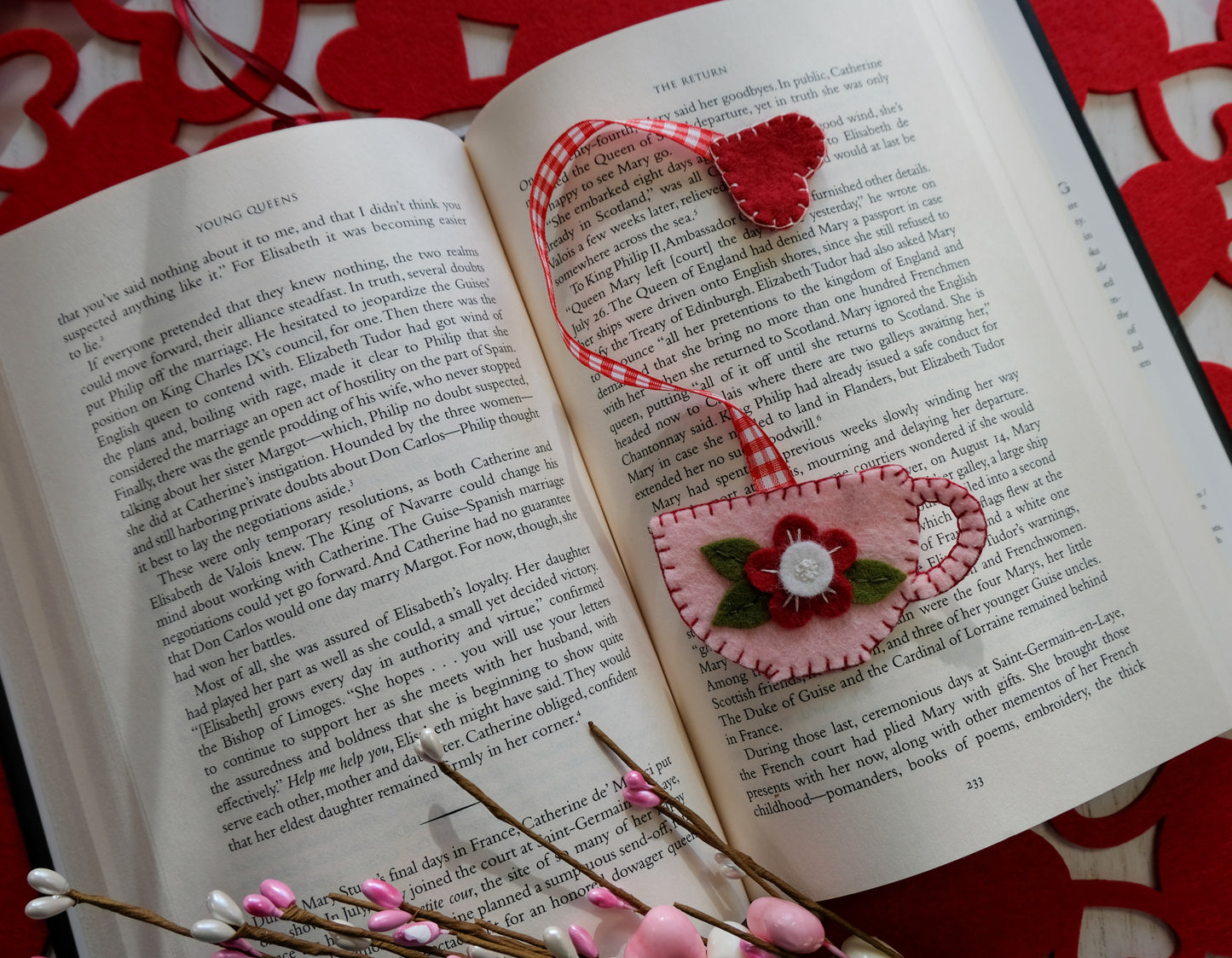 Teacup Wool Felt Valentine Bookmark Flower and Heart