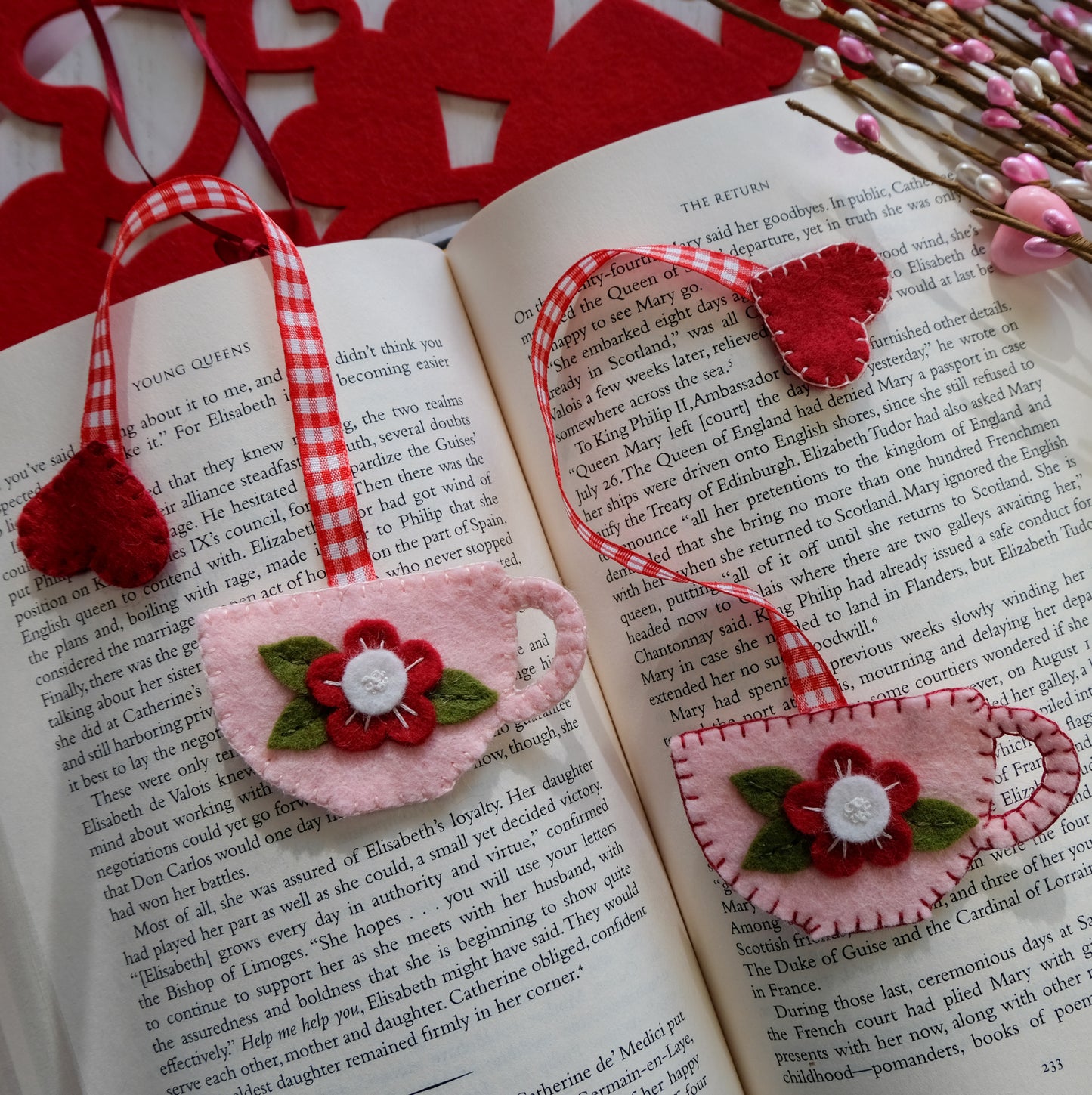 Teacup Wool Felt Valentine Bookmark Flower and Heart