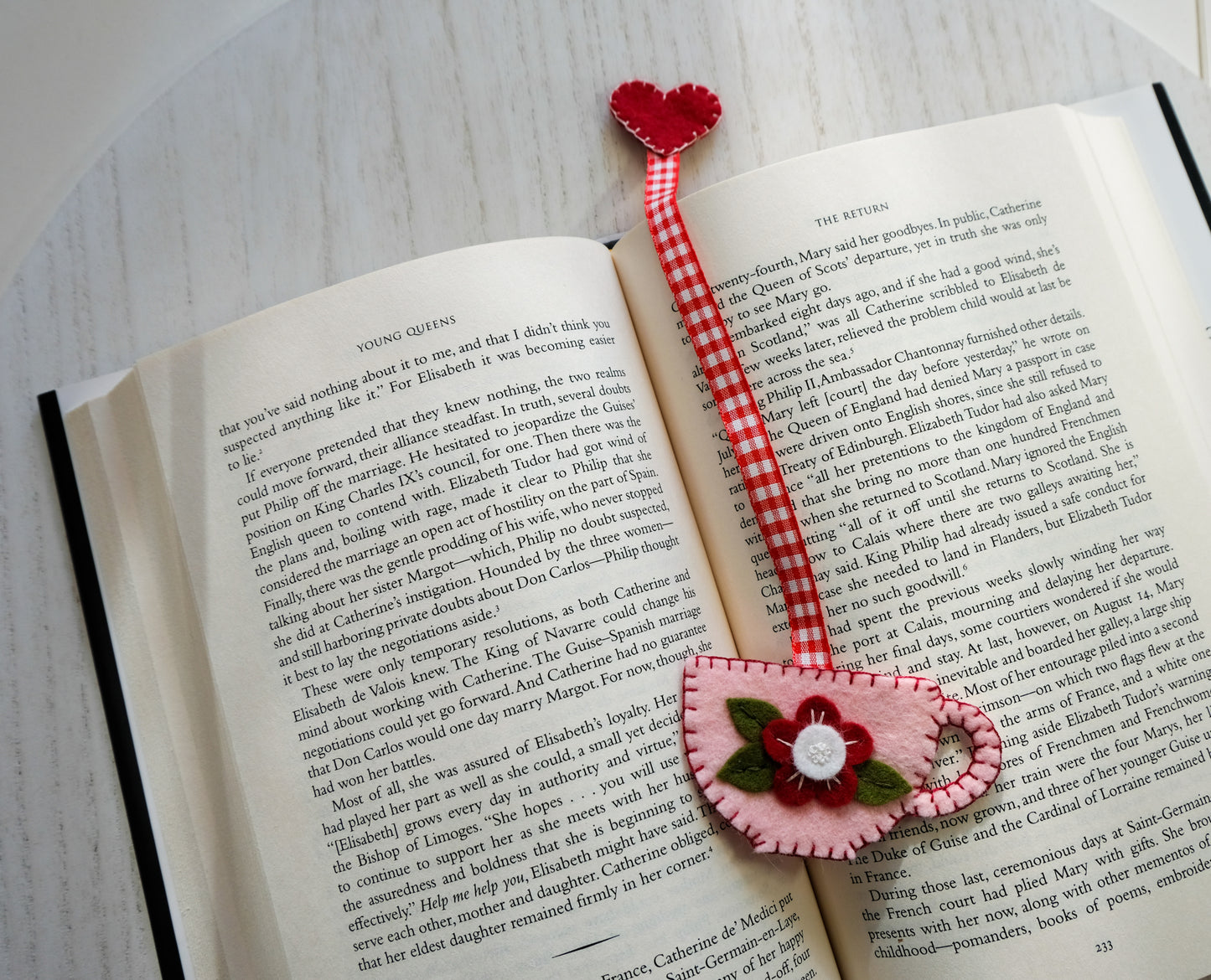 Teacup Wool Felt Valentine Bookmark Flower and Heart