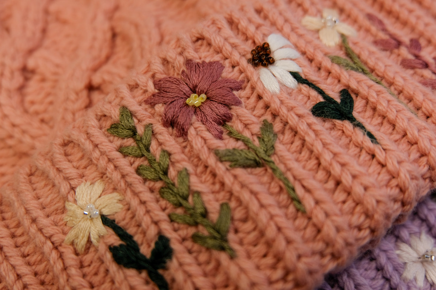 Hand Embroidered Beanie - Pink