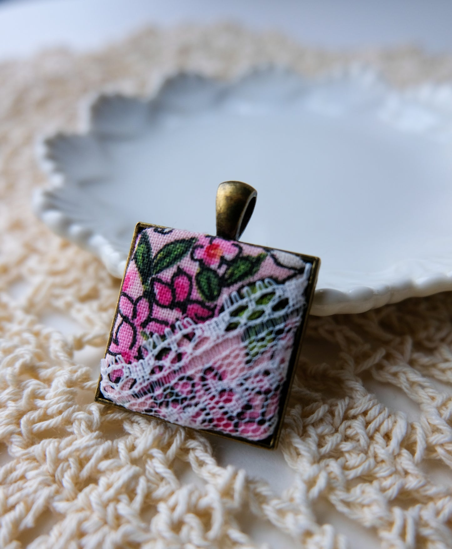 Fabric and Lace Pendant Necklace in Bronze