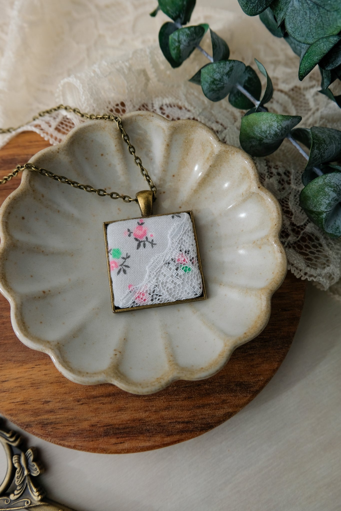 Fabric and Lace Pendant Necklace in Bronze