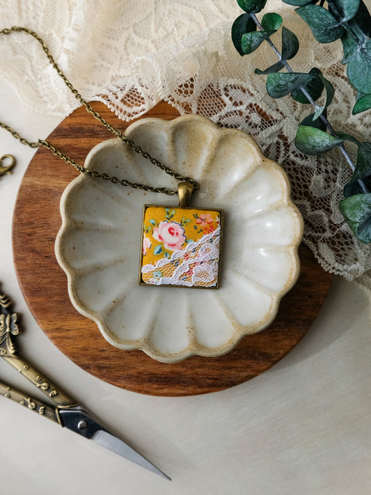 Fabric and Lace Pendant Necklace in Bronze