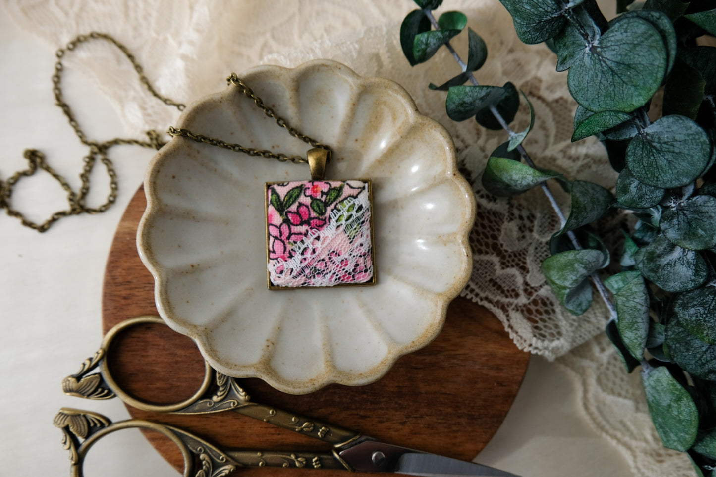 Fabric and Lace Pendant Necklace in Bronze