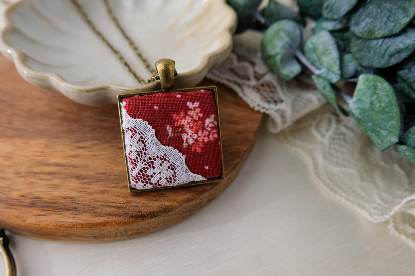 Fabric and Lace Pendant Necklace in Bronze