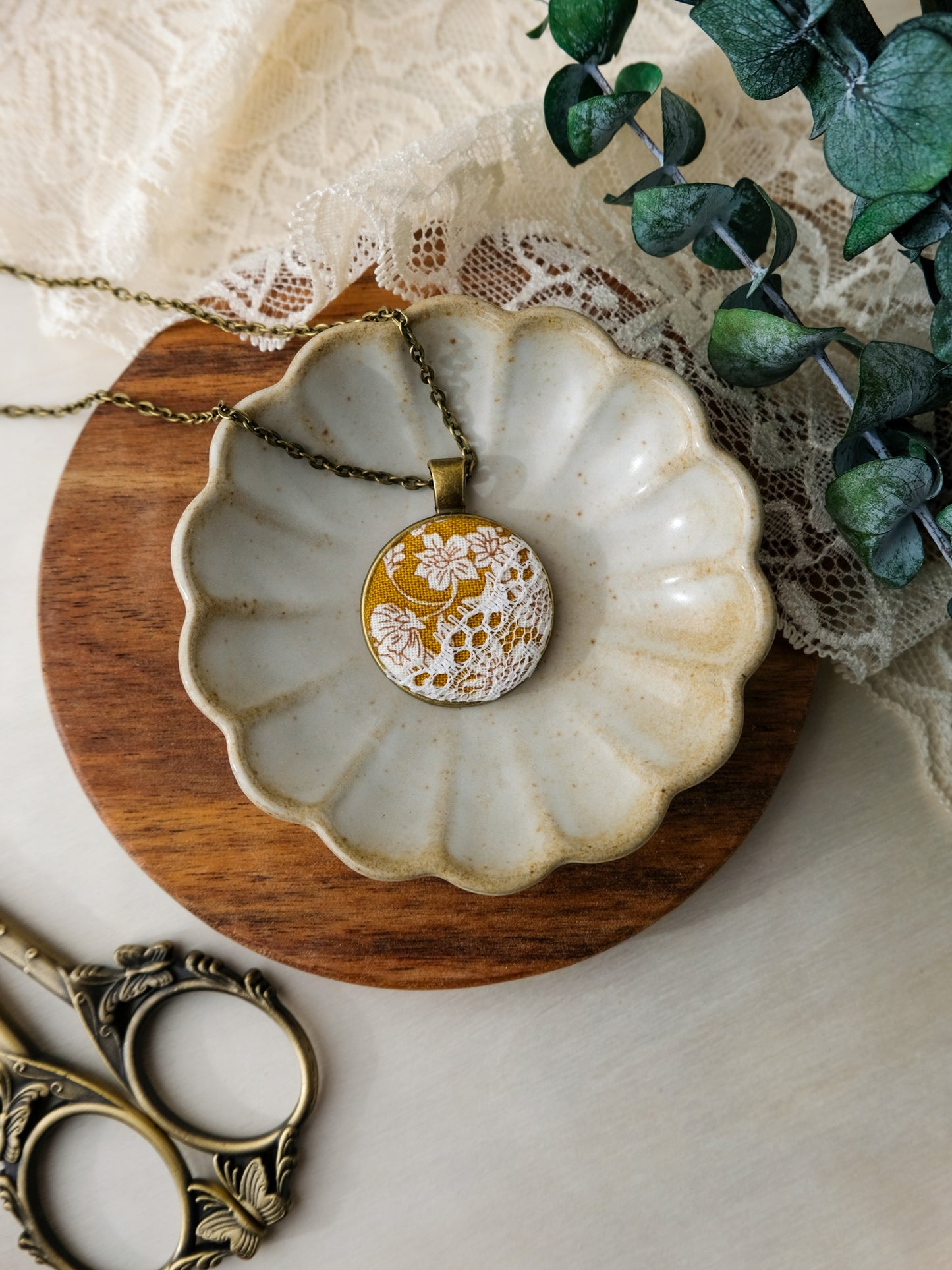 Fabric and Lace Pendant Necklace in Bronze