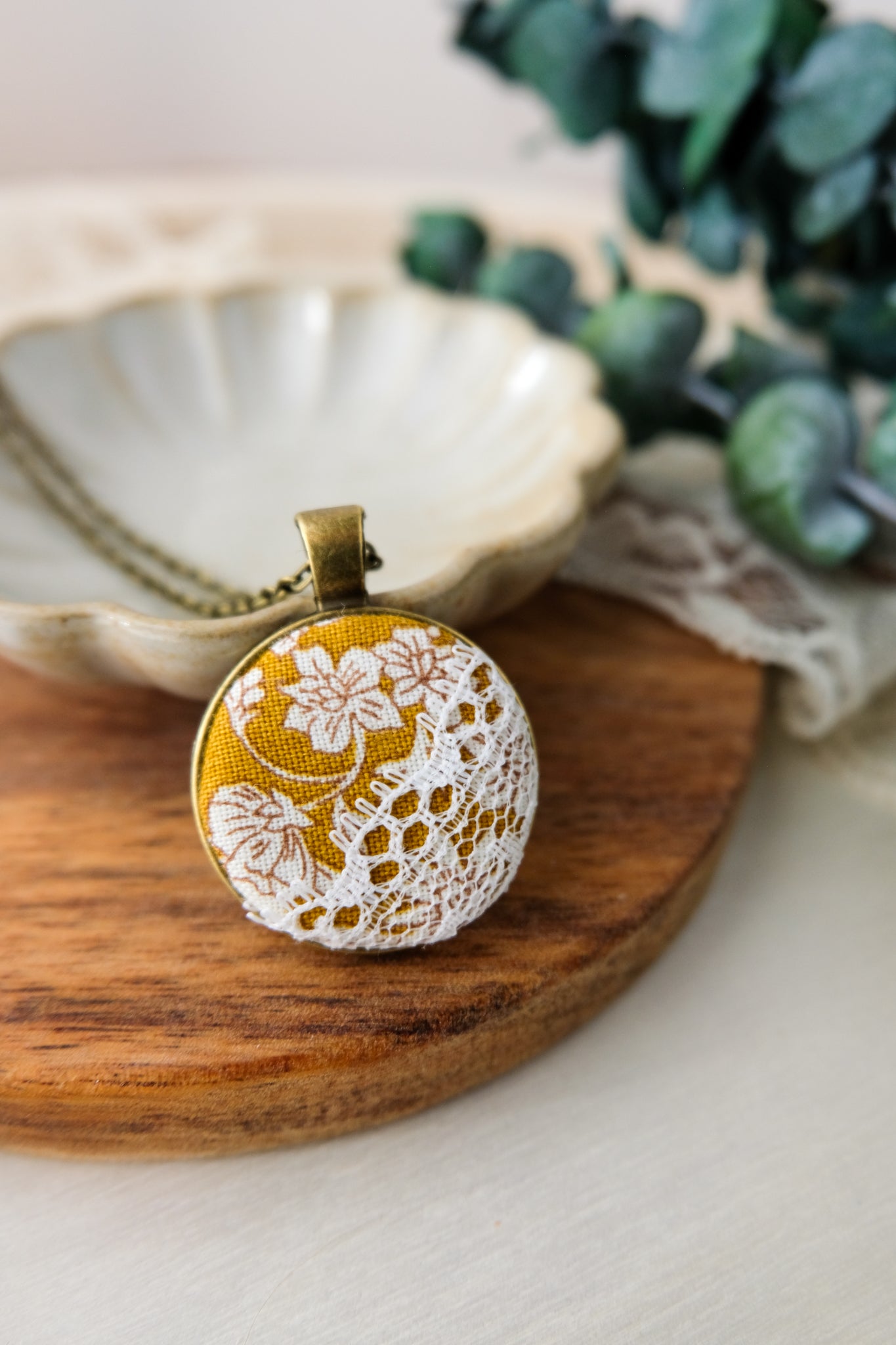 Fabric and Lace Pendant Necklace in Bronze