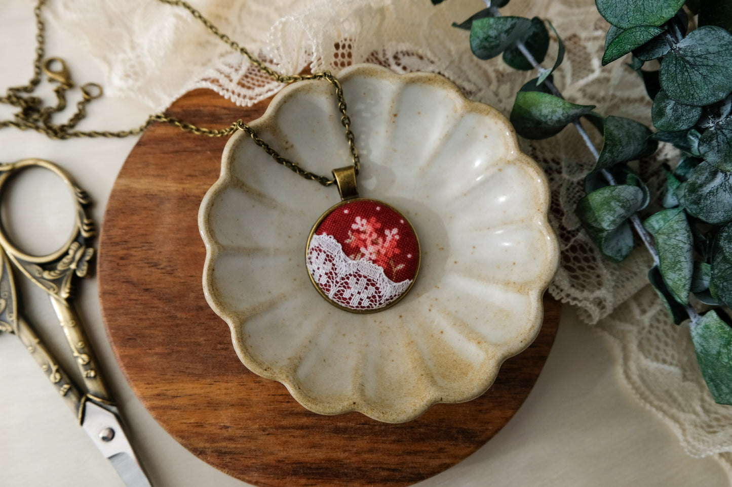 Fabric and Lace Pendant Necklace in Bronze