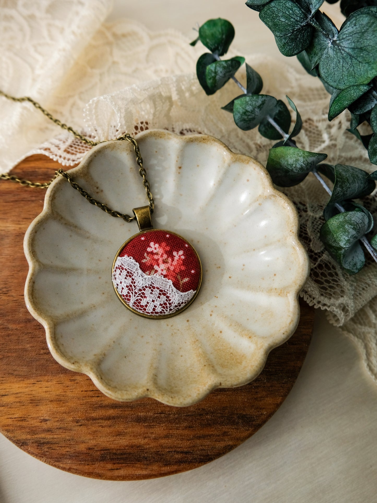 Fabric and Lace Pendant Necklace in Bronze