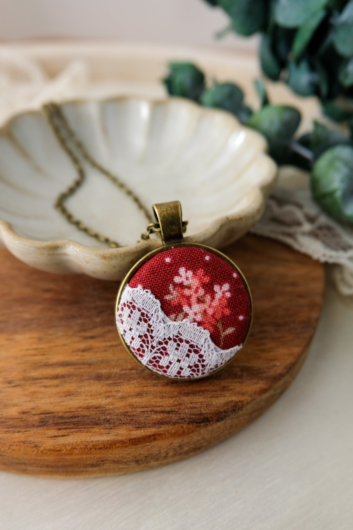 Fabric and Lace Pendant Necklace in Bronze