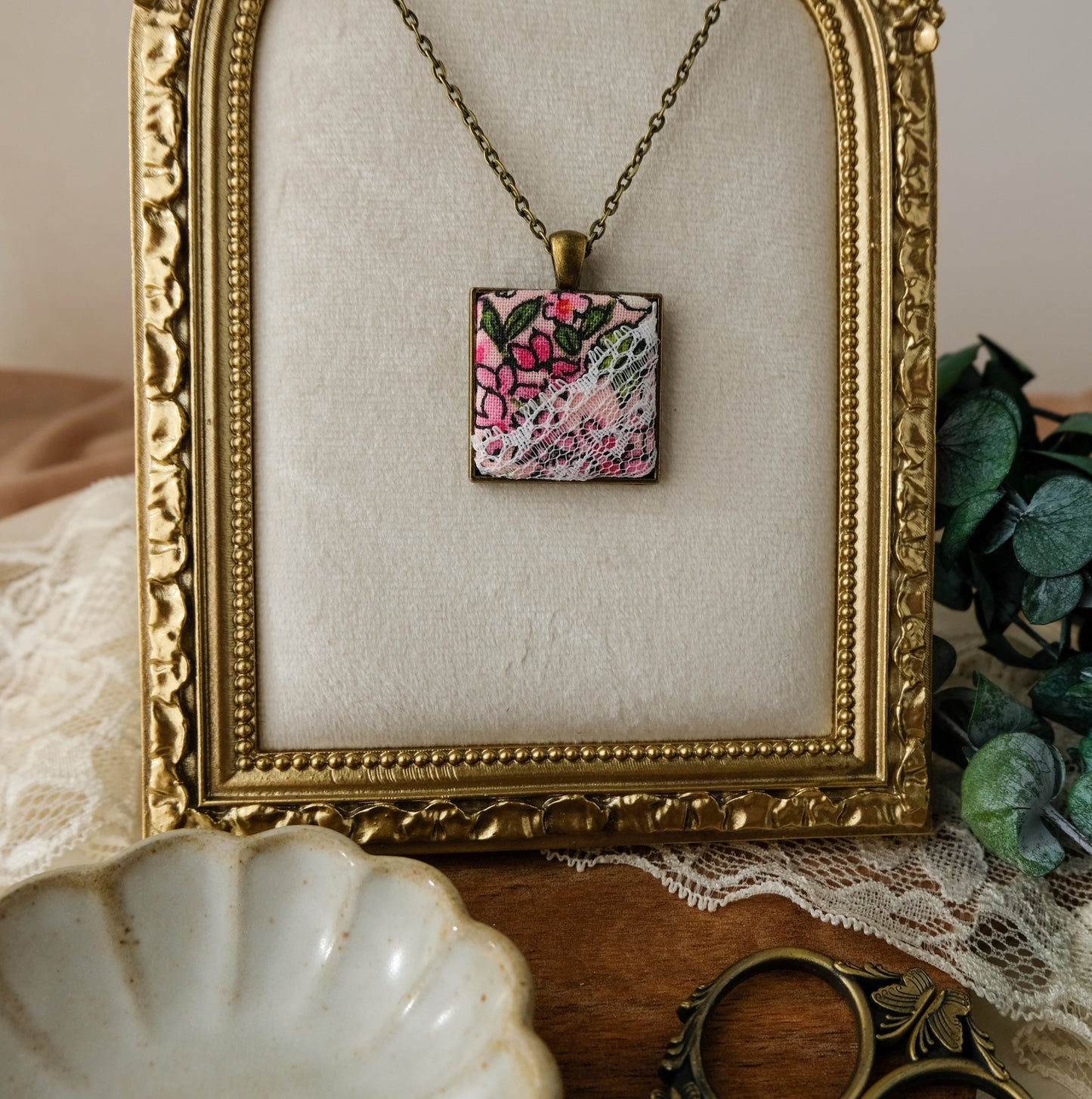 Fabric and Lace Pendant Necklace in Bronze