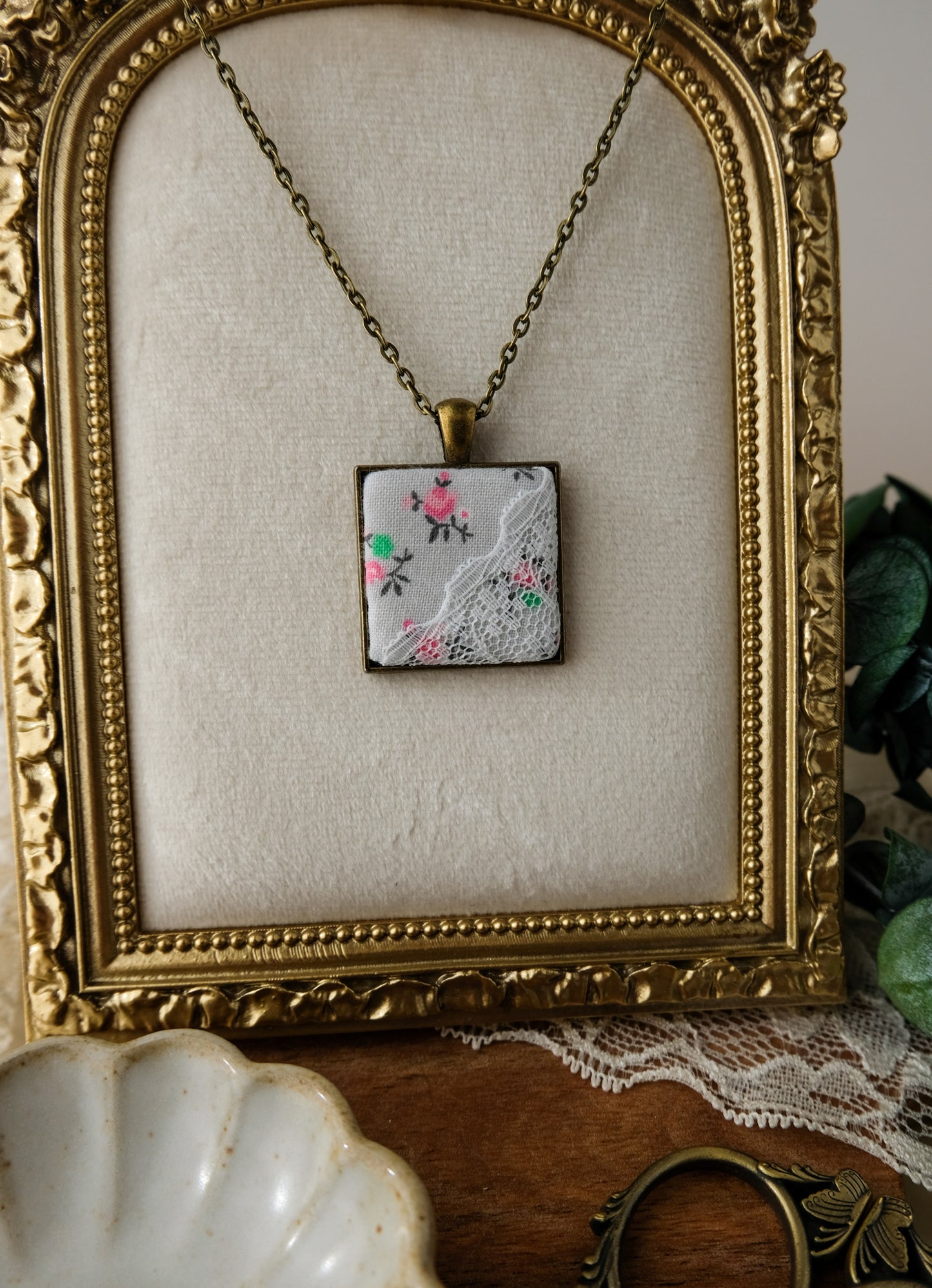 Fabric and Lace Pendant Necklace in Bronze