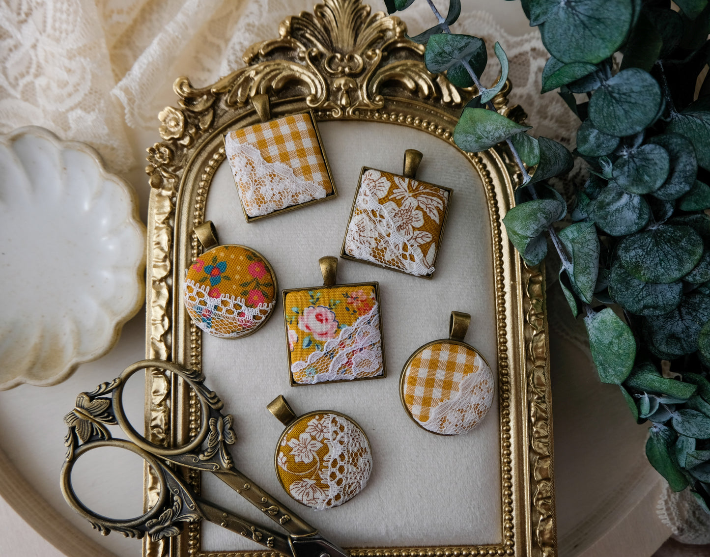 Fabric and Lace Pendant Necklace in Bronze