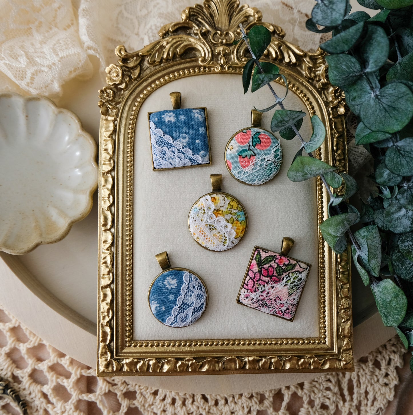 Fabric and Lace Pendant Necklace in Bronze