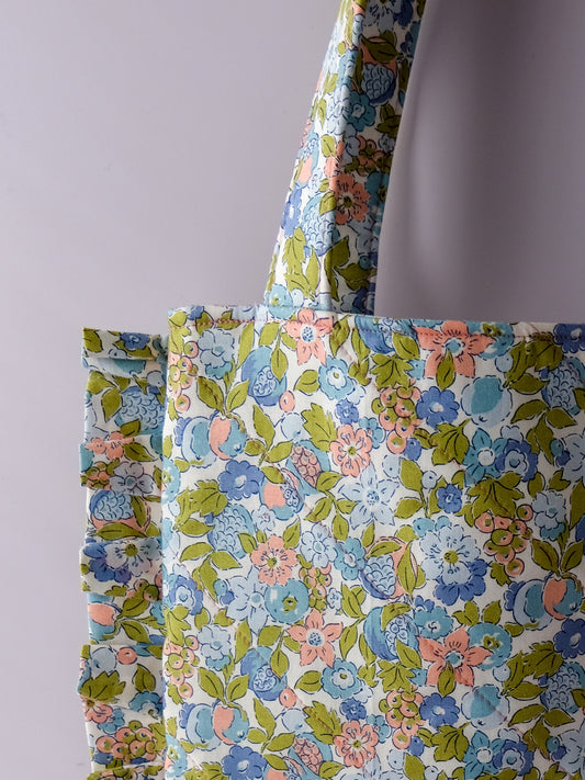 Quilted Floral Ruffle Tote Bag