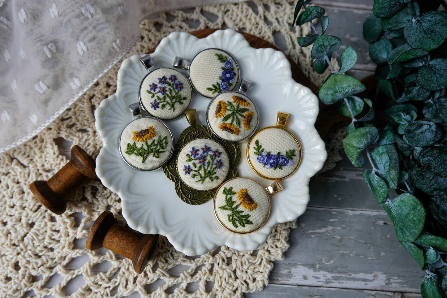 Embroidered Sunflower Pendant Necklace