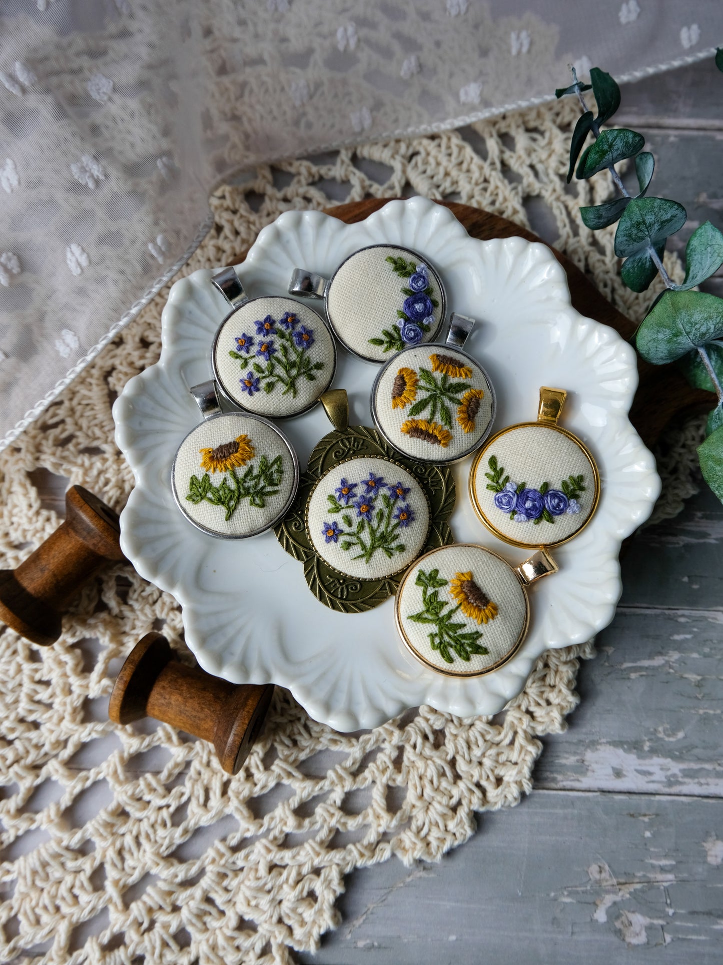 Embroidered Sunflower Pendant Necklace