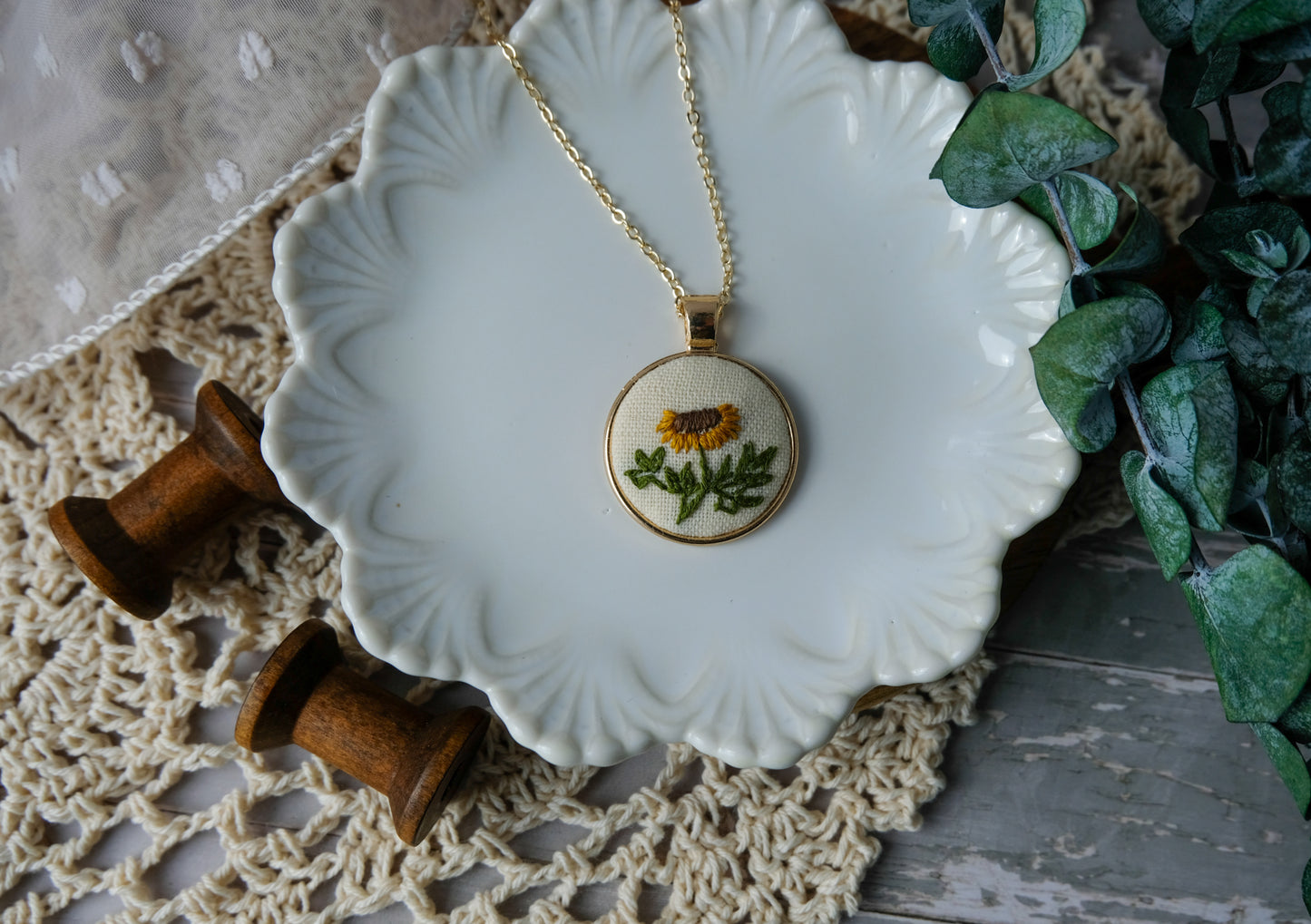 Embroidered Sunflower Pendant Necklace