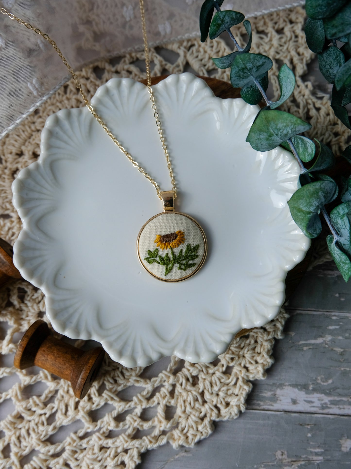 Embroidered Sunflower Pendant Necklace
