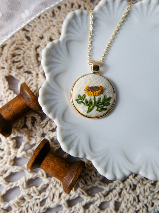 Embroidered Sunflower Pendant Necklace