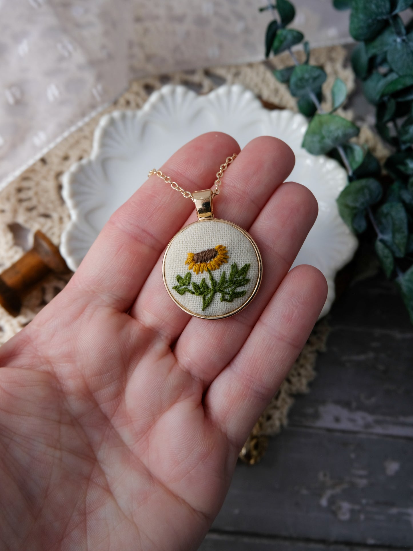 Embroidered Sunflower Pendant Necklace