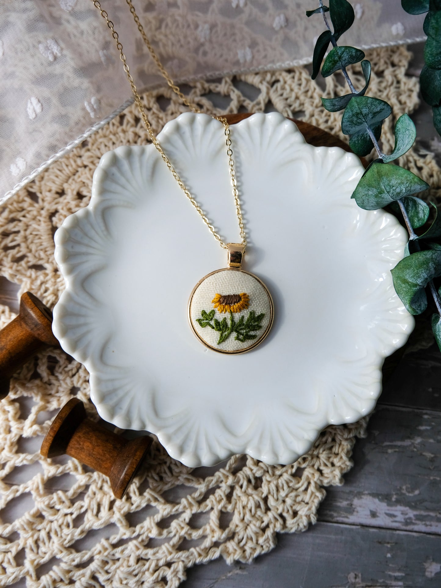 Embroidered Sunflower Pendant Necklace