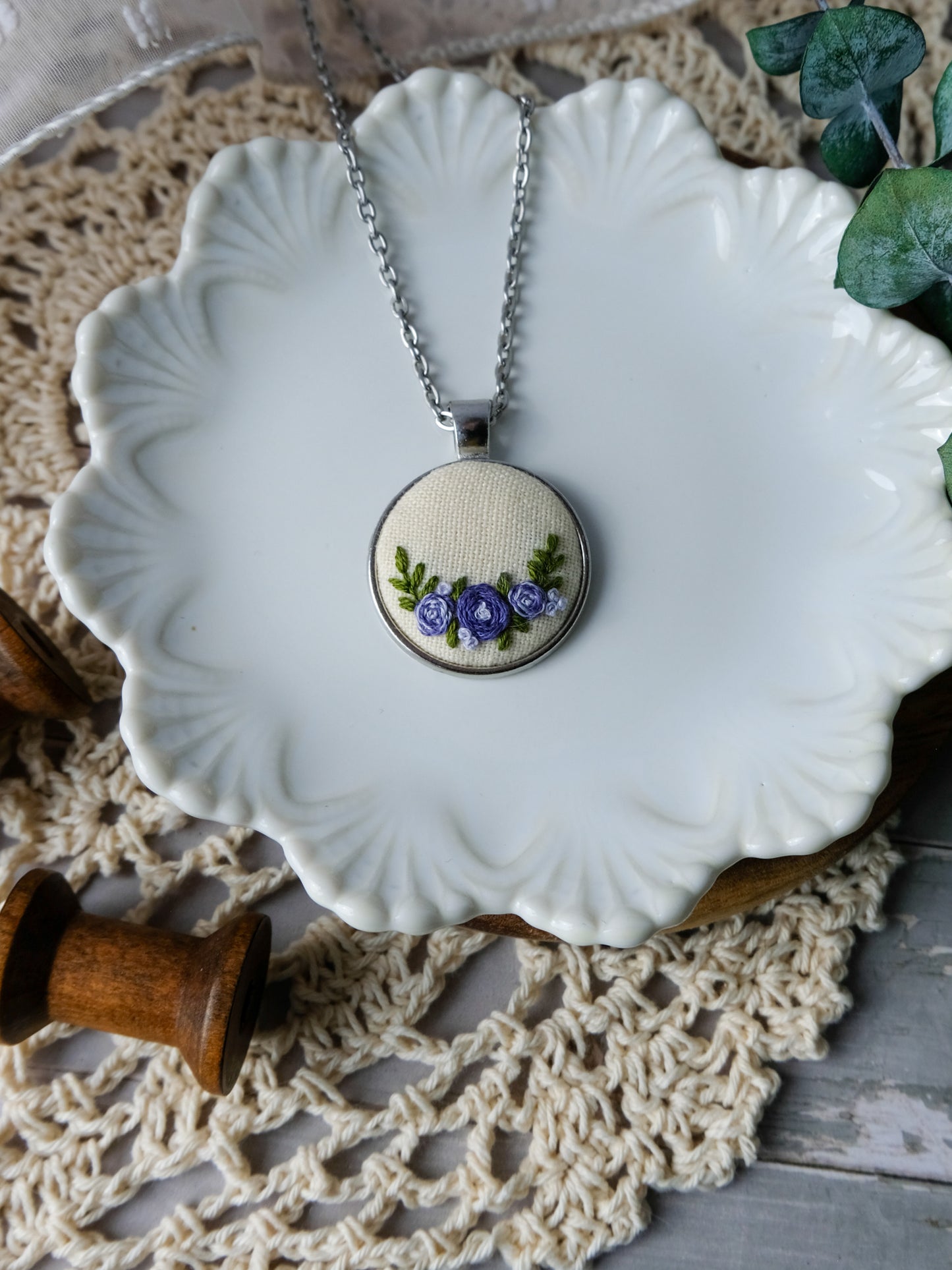 Embroidered Lavender Roses Pendant Necklace