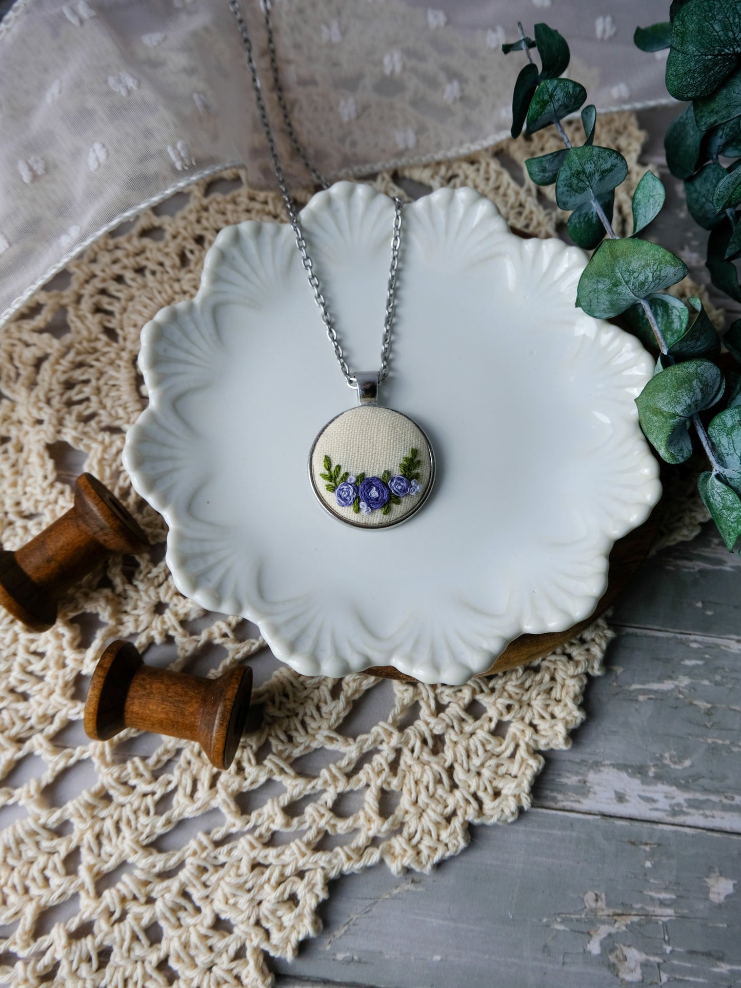 Embroidered Lavender Roses Pendant Necklace