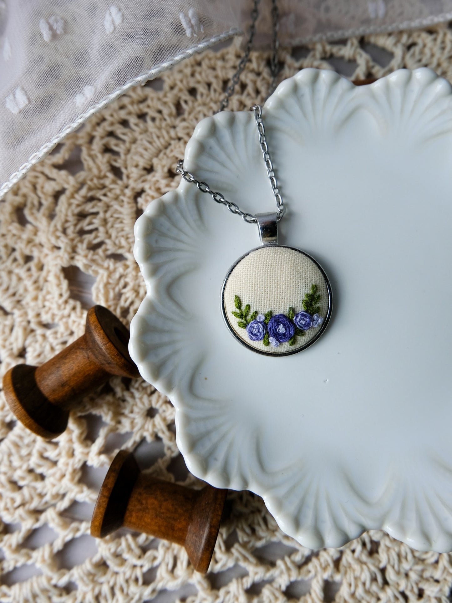 Embroidered Lavender Roses Pendant Necklace