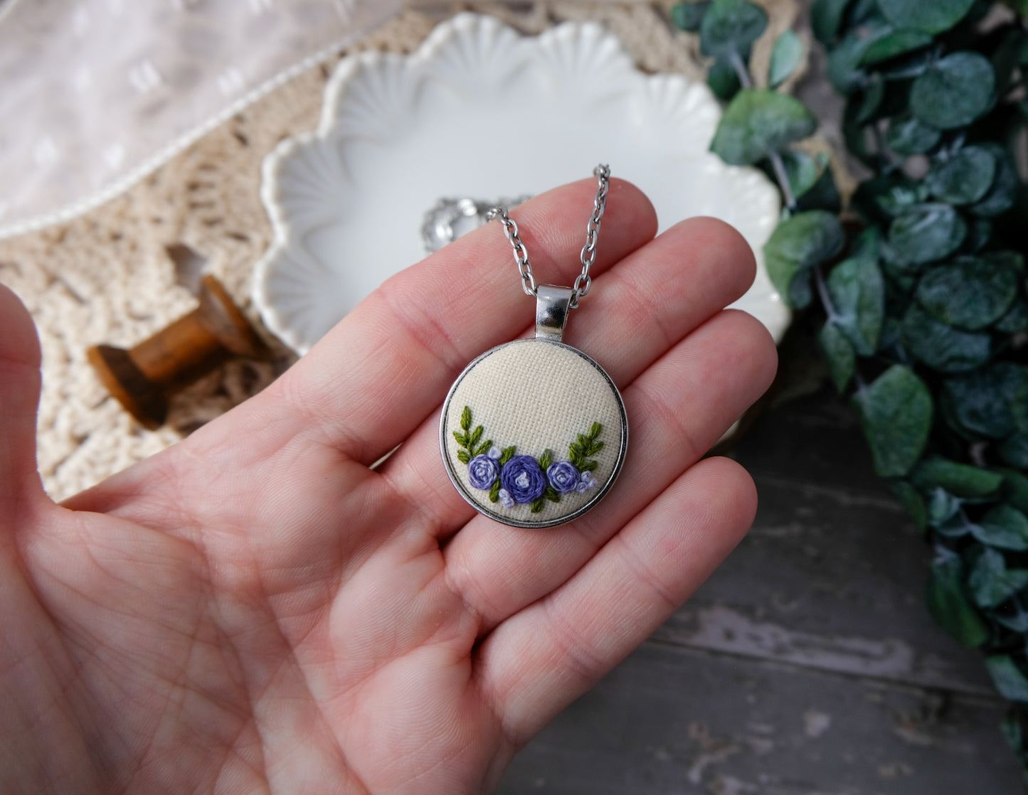 Embroidered Lavender Roses Pendant Necklace