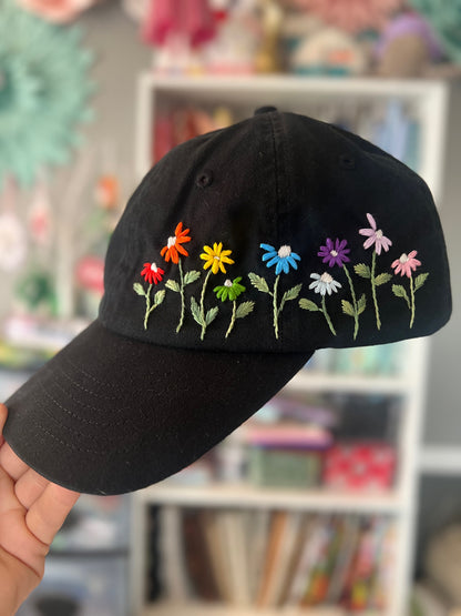 Rainbow Daisies Embroidered Baseball Hat
