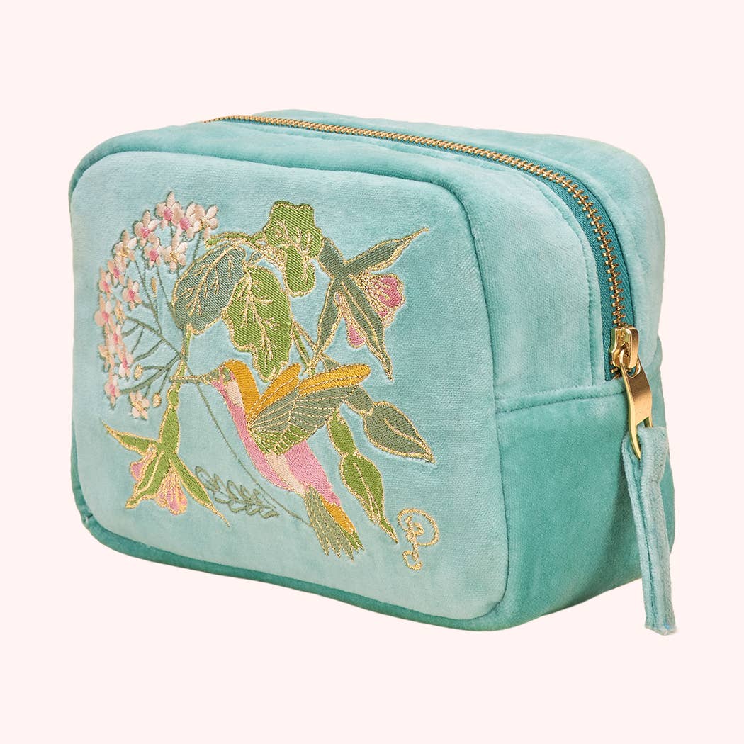 Velvet Embroidered Make Up Bag - Hummingbird, Aqua